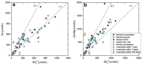 Figure 6. Scatterplots of (left) Ca vs. SO42− and (right) Ca+Mg vs. SO42− for the waters in this study and the sandur porewaters reported in Deuerling et al. (Citation2018). The results obtained from the leaching experiments over time are also shown for comparison.