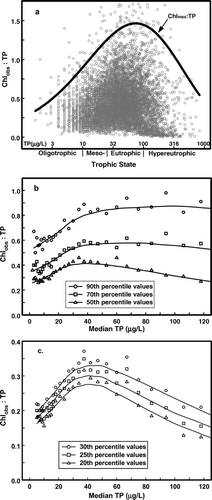 Figure 5 Chlorophyll (Chlobs) and total phosphorus (TP) data from Figure 1a were replotted in panel a as the Chlobs:TP ratio against log10TP with trophic state boundaries for TP (Jones et al. Citation2008) shown on the x-axis. The ratio of maximum chlorophyll (Chlmax) to TP (as calculated from Equationequation 1 divided by the observed TP) forms a dome across the data distribution. Samples with the most extreme Chlobs:TP ratios were not included. In panel b, Chlobs:TP ratios for the 90th, 70th, and 50th percentile values in the TP bins used to generate Equationequation 1 (see text) were plotted against the corresponding median TP value for each bin. In panel c, Chlobs:TP ratios for the 30th, 25th, and 20th percentile values in the TP bins were plotted against the corresponding median TP value.