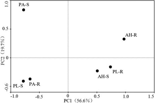 Figure 2. PCA analysis of carbon source utilization in soil microbial community.Note: PA-R, rhizosphere soil of Pennisetum alopecuroides; PA-S, non-rhizosphere soil of Pennisetum alopecuroides; AH-R, rhizosphere soil of Arthraxon hispidus; AH-S, rhizosphere soil of Arthraxon hispidus; PL-R, rhizosphere soil of Pueraria lobata; PL-S, rhizosphere soil of Pueraria lobata.