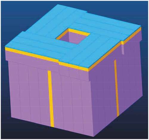 Fig. 8. CAD model of the beryllium reflector. Each part type is shown in a different color. These pieces fit snugly together. The beryllium reflector was assumed to have a density of 1.85 g/cm3, as it was tightly packed with individual material densities of 1.85 g/cm3 each.