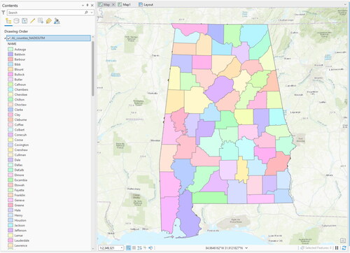 Figure 48. The results of symbolizing a layer based on the values of an attribute. In this example, each color represents a different county in Alabama.