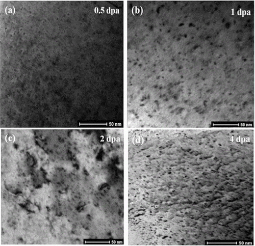 Figure 8. TEM micrograph of Hastelloy-N alloy irradiated by different Xe ion doses with a high dose rate.