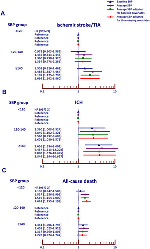 Figure 3 Hazard ratio (HR) and 95% confidence interval (CI) for (A) ischemic stroke/transient ischemic attack (TIA), (B) intracerebral hemorrhage (ICH), and (C) death (C) among the three average systolic blood pressure (SBP) groups (<120, 120–140, and ≥140 mmHg) with and without adjustment for baseline and time-varying covariates.