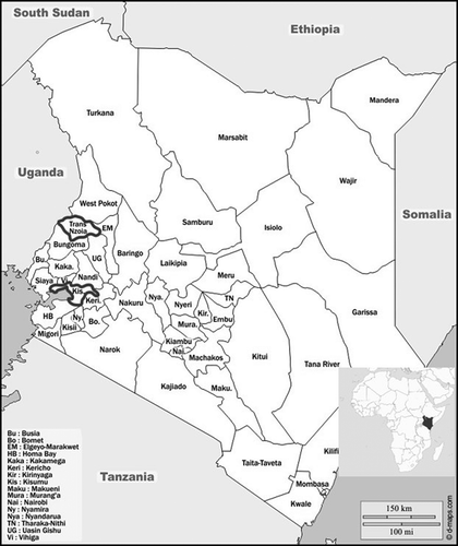 Figure 1. Map of Kenya (Africa map from Wikimedia commons CC-BY-SA-3.0) showing the two contrasting counties where the study was carried out
