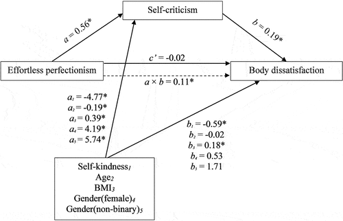Figure 1. Self-criticism as a mediator of the relationship between effortless perfectionism and body dissatisfaction (*p < .05).