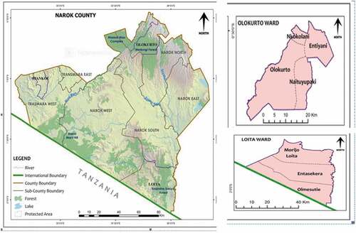 Figure 1. Map showing the study area (Loita Ward) and pilot test (Olokurto)Source: Service Layer Credits: ESRI, Virtual Kenya and DIVA GIS (2019).