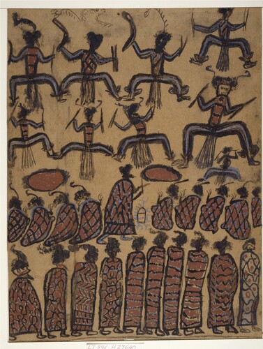 Figure 3. William Barak, Aboriginal Ceremony (ca. 1880–1890), brown ochre and charcoal on board, Pictures Collection, State Library Victoria, H29640.