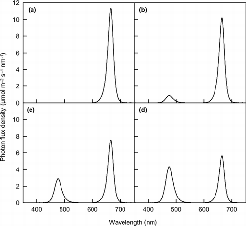 Figure 1  Spectral photon flux density (PFD) distributions for the lighting treatments. Blue-light PFDs were (a) 0, (b) 30, (c) 100 and (d) 150 µmol m−2 s−1. Total photosynthetic photon flux density was 300 µmol m−2 s−1 in any lighting treatment. The PFD was measured every 0.4–0.5 nm.
