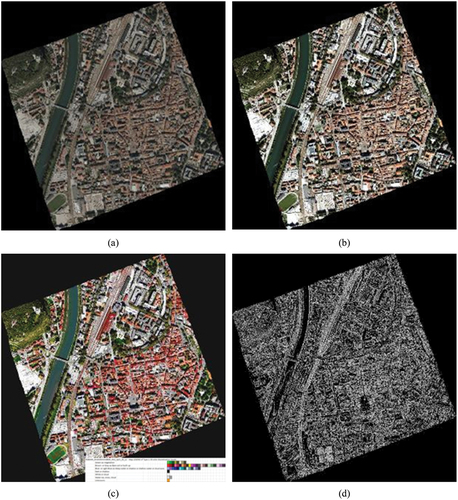 Figure 58. (a) Airborne 10 cm resolution true-color Red-Green-Blue (RGB) orthophoto of Trento, Italy, 4017 × 4096 pixels in size x 3 bands, acquired in 2014 and provided with no radiometric calibration metadata file. No histogram stretching is applied for visualization purposes. (b) Same RGB orthophoto, subject to self-organizing statistical color constancy (Baraldi, Citation2017; Baraldi & Tiede, Citation2018a, Citation2018b; Baraldi et al., Citation2017; Vo et al., Citation2016). No histogram stretching is applied for visualization purposes. (c) RGBIAM’s polyhedralization of the RGB color space and prior knowledge-based map of RGB color names generated from the RGB image, pre-processed by a color constancy algorithm (Baraldi, Citation2017; Baraldi & Tiede, Citation2018a, Citation2018b; Baraldi et al., Citation2017; Vo et al., Citation2016). The RGBIAM legend of RGB color names, consisting of 50 spectral categories at fine discretization granularity, is depicted in pseudo-colors. Map legend, shown in Figure 59: Display full size. Input hyperparameters (to be user-defined): none. Processing time (one-pass, RGBIAM software implementation in the Interactive Data Language (IDL) by L3Harris Geospatial) = 2 min. (d) To visualize contours of image-segments automatically detected in the RGBIAM multi-level color map-domain by a deterministic two-pass connected-component multi-level image labeling algorithm (Dillencourt et al., Citation1992; Sonka et al., Citation1994), an automatic 4-adjacency and/or 8-adjacency cross-aura measure is estimated in linear time, see Figure 31 in the Part 1.