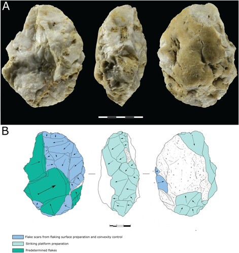 Figure 9. A) Discoidal core (quartz) from EDAR 135, lower horizon and B) graphic presentation of scar pattern analysis results.