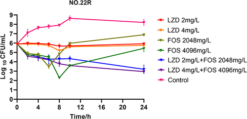 Figure 5 Static time-kill assays displaying the activity of linezolid, fosfomycin and their combination against Enterococcus NO.22R; Control: no drug.