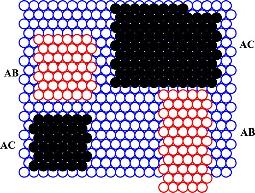 Figure 8. (Colour online) Prismatic Frank dislocations built of atomic B-type and C-type clusters on an A-type substrate (schematic). The clusters divided by wide vacant regions which are 2D vacant space for atomic migration between neighbouring clusters (see text).