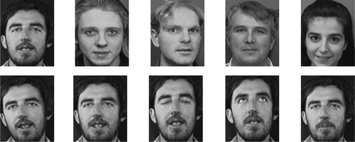 Figure 4. The upper row shows face images of five different persons of ORL database and the lower row shows face images of one person with different lighting and facial expressions.