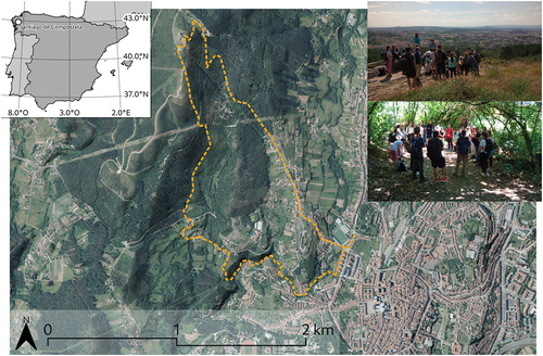 Figure 1. Field excursion on Monte Pedroso to explore the assigned case study area. Cartographic data derived from PNOA 2020 and MDS05, CC-BY, Spanish National Cartographic System, scne.Es.