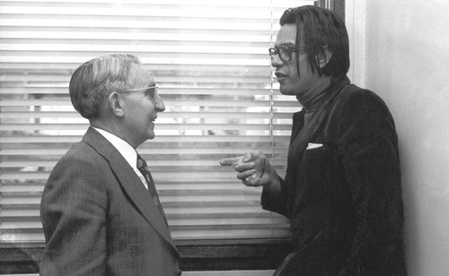 Figure 1 Pierre‐Gilles de Gennes discussing with André Guinier after the defence of a thesis in the Laboratoire de Physique des Solides in Orsay. (Photograph taken in 1973 by M. Saint‐Martin.)