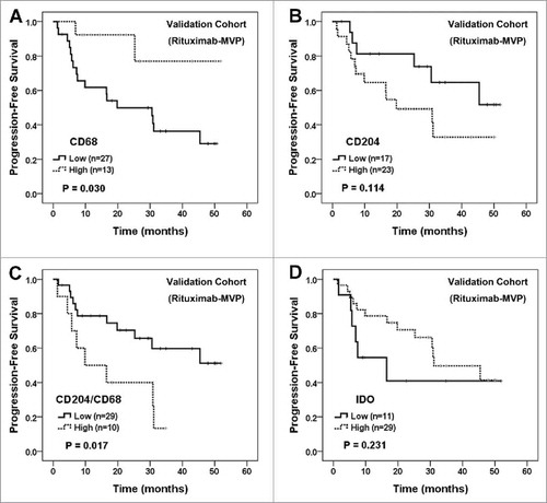 Figure 5. Survival analysis of independent validation cohort of primary CNS-DLBCL patients treated with rituximab-MVP according to CD68+, CD204+, and IDO+ cells and the ratio of CD204+/CD68+ cells. PFS of patients were evaluated according to the tumor-infiltrating CD68+ cell number (A), CD204+ cell number (B), the ratio of CD204+/CD68+ cells (C), and IDO+ cell number (D). Kaplan-Meier curves are shown with P values generated by log-rank test.
