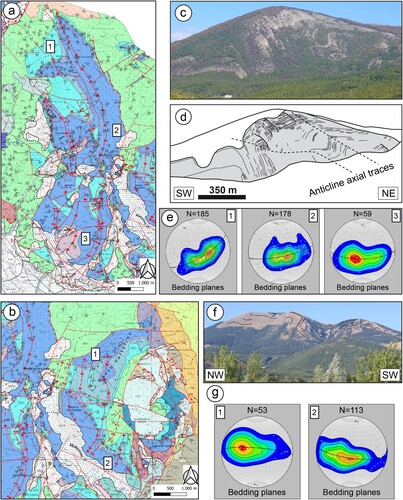 Figure 6. Tectonic structures exposed in the Sector 2. Portions of the geological map (refer to the Main Map for the legend) illustrating (A) the Monte Lama – Calvelluzzo – Monte San Nicola (numbered rectangles are referred to stereoplots in Figure 6E) and (B) the Volturino structures (numbered rectangles are referred to stereoplots in Figure 6G); (C) Panorama view of the Monte Lama Anticline from the SW and (D) relative interpretation; (E) Lower hemisphere equal area stereographic projections of poles to bedding planes showing the progressive rotation of the fold axes trends along the Monte Lama – Calvelluzzo – Monte San Nicola structure. The third eigenvalues show the orientation of the fold axes; (F) Panorama view of the Volturino anticline-syncline structure from the SW; (G) Lower hemisphere equal area stereographic projections of poles to bedding planes at Monte Volturino. The third eigenvalues show the orientation of the fold axes.