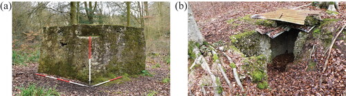 FIG. 18 Sarsen quarry infrastructure features in Hursley Bottom, West Woods: (a) the concrete base on which a stone crushing machine was mounted, including a small inset positioned for a wheel to drive a trommel; (b) the underground store cut into the valley side for storing explosive materials (photographs © author).
