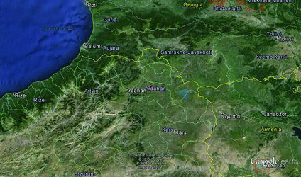 Figure 1. Location of the Ardahan region.Map data: US Dept of State Geographer © 2015 Google © 2015 Basarsoft Image Landsat.