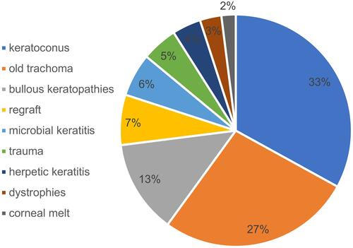 Figure 1 Indications of penetrating keratoplasty in Kingdom of Bahrain (1996–2015). Keratoconus is the leading indication followed by old trachoma and bullous keratopathies.