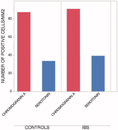 Figure 4. Higher numbers of positive CgA per mm2 of jejunal mucosa of controls and IBS patients compared to 5-HT. (Results presented as mean number of positive cells/mm2).