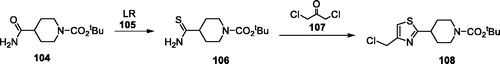 Scheme 30. Synthesize of tert-butyl 4-(4-(chloromethyl)thiazol-2-yl)piperidine-1-carboxylate 108.
