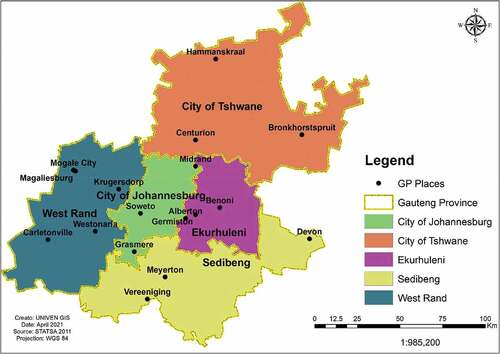 Figure 1. Gauteng Province and the three metropolitan cities