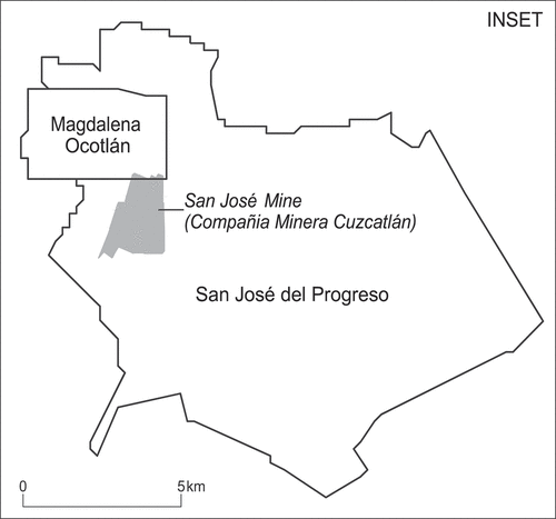 Figure 2. Municipal boundaries. The urban area of Magdalena Ocotlán does not reach the municipal boundaries, i.e. fields and cultivated land is included within the boundary. Map credit: Chandra Jayasuriya.