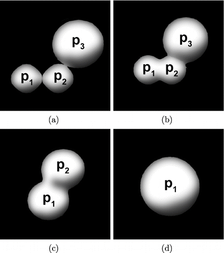 FIG. 2 Evolution of a particle consisting of three primary particles due to sintering. Figure 2(a) shows the particle assuming the primaries p 1, p 2, and p 3 just collided. The primaries are just touching. The primaries have started to sinter in Figure 2(b). After some time primary p 1 and p 2 are completely sintered and replaced by a new primary with the same mass than p 1 and p 2 (Figure 2(c)). The numbering of the primaries is updated. The particle is completely sintered in Figure 2(d).
