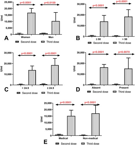 Figure 2. (A) Comparison of total anti-SARS-CoV-2 antibodies level in the groups of women and men without a history of COVID19 previously vaccinated with a 2-dose and 3-dose series of BNT162b2. The data are presented as median (interquartile range). (B) Comparison of total anti-SARS-CoV-2 antibodies level in the groups of patients before and after the age of 50 without a history of COVID19 previously vaccinated with a 2-dose and 3-dose series of BNT162b2. The data are presented as median (interquartile range). (C) Comparison of total anti-SARS-CoV-2 anti-bodies level in the group of patients with normal and increased BMI without a history of COVID19 previously vaccinated with a 2-dose and 3-dose series of BNT162b2. The data are presented as median (interquartile range). (D) Comparison of total anti-SARS-CoV-2 antibodies level in the groups of patients with and without coexisting diseases without a history of COVID19 previously vaccinated with a 2-dose and 3-dose series of BNT162b2. The data are presented as median (interquartile range). The data are presented as median (interquartile range). (E) Comparison of total anti-SARS-CoV-2 antibodies level in the groups of medical and non-medical workers without a history of COVID19 previously vaccinated with a 2-dose and 3-dose series of BNT162b2. The data are presented as median (interquartile range).