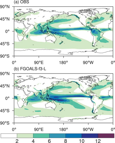 Figure 3. Climate mean distribution of precipitation (units: mm d−1): (a) observation (1979–2014); (b) FGOALS-f3-L (600–1160 mean)
