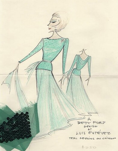 Figure 10 Estévez for Betty Ford, front and back hand-drawn sketch of a long-sleeve, teal floor-length evening gown, 1974–77. Courtesy Gerald R. Ford Presidential Museum.