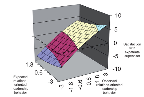 Figure 4. Response surface for the relationship among expected and observed relations-oriented leadership behavior and satisfaction with expatriate supervisor.