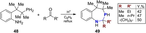 Scheme 29. Cyclocondensation of 2-(2,3-dimethyl-3-phosphinobutan-2-yl)aniline with ketones.[Citation99]