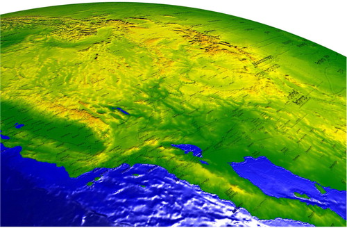 Figure 8. Topographical visualization with landmarks included as a normal perturbation to give location context (data sources: 1, 4).