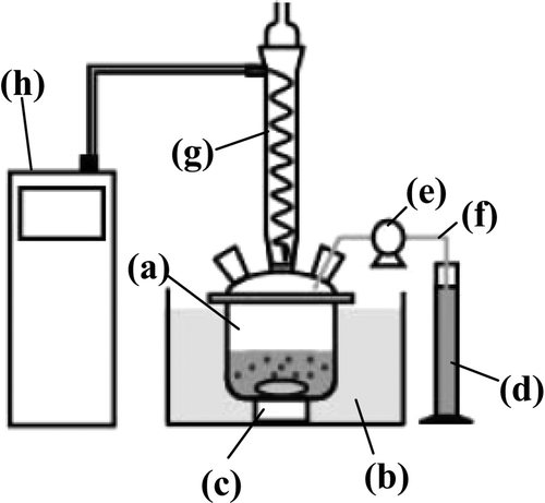 Figure 1. An apparatus for denitration experiment. (a) A four necked separable flask, (b) a water bath, (c) a underwater magnetic stirrer, (d) a measuring cylinder, (e) a peristaltic pump, (f) a tygon tube, (g) a condenser tube, and (h) a recirculating cooler.