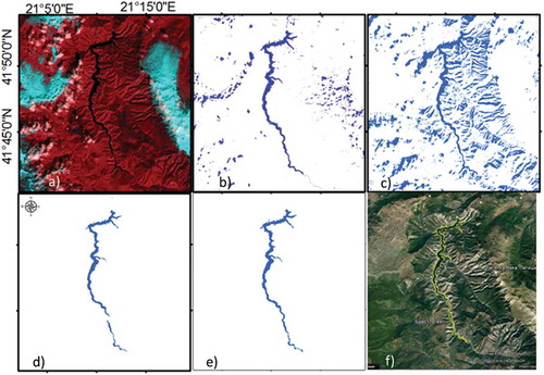 Figure 3. Results from the mountainous region: (a) RGB 12,2,3 band combination; (b) NDWI results; (c) unsupervised classification results; (d) supervised classification results; (e) object-based classification results, (f) object-based classification results (yellow border) on Google Earth image.