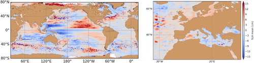 Figure 1.2.3. Global (left) and regional (right) spatial variability of the difference between the detrended altimeter mean sea level during 2016 and 1993–2014. See Table 1.2.1 for the definition of the dataset.