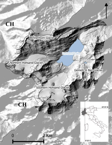 Figure 1. Shaded relief map of the study area (DTM produced by Regione Piemonte, with 5 m cell size). Solid line: Italy–Switzerland cross border.