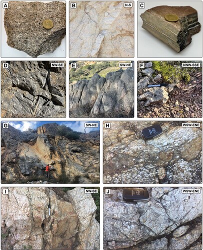 Figure 5. Field photographs of the host rocks from the Masarac-Vilarnadal sector: (A) unaltered granodiorite from the St. Llorenç-La Jonquera pluton; (B) altered granodiorite that is crosscut by 2 cm-wide quartz veins; (C) micritic limestone of the Mid Triassic lower Muschelkalk facies; (D) calcite vein networks close to the hinge zone of a NW-SE-oriented anticline in the Mid Triassic lower Muschelkalk facies; (E) SW-NE-oriented bedding surface of the Upper Cretaceous conglomerates showing a NW-SE-oriented sub-vertical cleavage; (F) silicification area with cm-wide quartz veins within the Upper Cretaceous-Paleocene lower Garumnian facies; (G) Syncline-anticline NW-SE-oriented folds affecting the Upper Cretaceous ochre limestones; (H) Embryonic replacement textures of host rocks in the Upper Cretaceous conglomerates close to the giant quartz vein (see location on Figure 6D); (I) and (J) detail of a giant quartz vein with visible remnants of the replaced conglomerate fabric (see location on J).