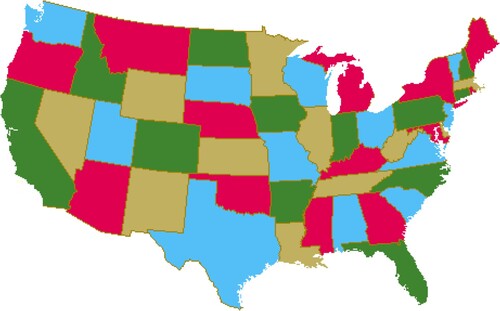 Figure 4. States of the USA coloured with four colours (http://people.math.gatech.edu/~thomas/FC/fourcolor.html).