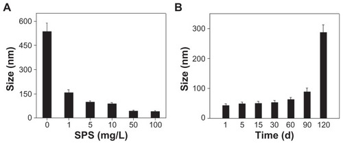 Figure 4 (A) Size distribution of selenium nanoparticles obtained at different Spirulina polysaccharide concentrations at the reaction time of 24 hours and (B) time-course of size distribution of selenium nanoparticles functionalized by Spirulina polysaccharide obtained at 50 mg/L of Spirulina polysaccharide.Note: Each value represents mean ± standard deviation (n = 3).Abbreviations: d, days; SPS, Spirulina polysaccharide.