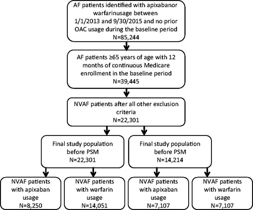Figure 3. Selection of patients for study cohorts treated with apixaban and warfarin. AF: atrial fibrillation; NVAF: nonvalvular atrial fibrillation; PSM: propensity score matching.