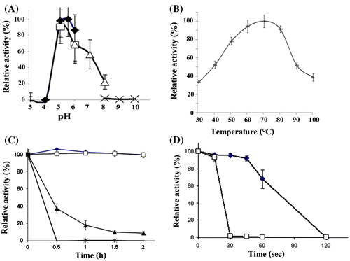 Fig. 1. Expression of the recombinant MANF3 in KM71 P. pastoris and its characterization. (A) Effect of pH on recombinant BCC4525 β-mannanase activity was determined at different pH values by incubating the enzyme at 70 °C for 10 min in the following buffers; sodium acetate buffer pH 3–6 (closed diamond, Display full size), sodium citrate buffer pH 5–6 (open square, Display full size), sodium phosphate buffer pH 6–8 (open triangle, Display full size), Tris–HCl buffer pH 8–10 (cross, Display full size). (B) Effect of temperature on recombinant BCC4525 β-mannanase activity was determined by incubating the enzyme for 10 min at different temperatures. (C) thermal stability test was carried out by incubating the enzyme at 50 °C (closed diamond, Display full size), 60 °C (open square, Display full size), 70 °C (closed triangle, Display full size), 80 °C (cross, Display full size) or 90 °C (closed circle, Display full size) for 0.5, 1, 1.5, and 2 h before the remaining activity was assayed. (D) Thermal stability test at 90 °C (closed diamond, Display full size) and 100 °C (open square, Display full size) was carried out for 15–60s.