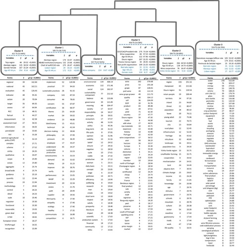 Figure 3. Dendrogram showing the profile of each cluster and key distinct forms with greater chi-square (χ2) and p < .0001.