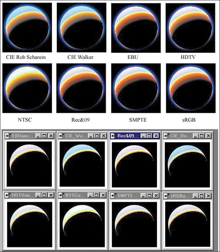 Figure 3. Colour images of the Earth in various colour spaces with and without allowance for radiation brightness (upper and lower groups of images, respectively).