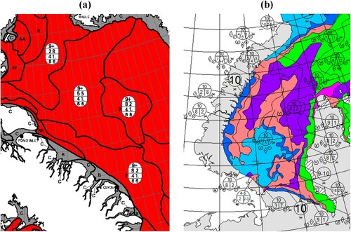 Figure 1. Examples of ice charts by (a) the Canadian Ice Service (Citation2021a) and (b) the AARI (Citation2021a).
