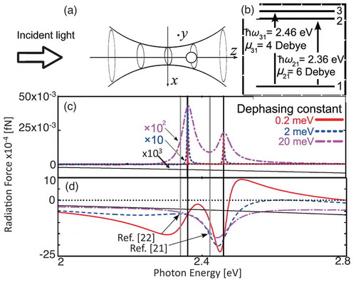 Figure 12. Nonlinear effect on nanoparticle trapping by a resonance laser. (a) Schematic of the model geometry of a particle irradiated with a focused laser beam. (b) Schematic of the energy level scheme of an assumed molecule (rhodamine) with vibration levels. ℏω31 and ℏω21 are the transition energies between the second excited state and the ground state and between the first excited state and ground state, respectively, and μ31 and μ21 are the dipole moments corresponding to these transitions, respectively. (c) Photon energy dependence of the exerted force on a molecule along the z-direction for several values of the molecular dephasing constant. The vertical black solid lines show the transition energies of (b). Weak incident power (1 nW) is assumed, and hence, only the linear response occurs. The black curve shows a spectrum for only the background dielectric constant (non-resonant case). The attractive force arises across the entire spectral region indicated in this case. (d) Strong incident power (1 mW) is assumed, and a notable nonlinear effect appears. Above the resonance energy ℏω21, the direction of the force is inverted and it becomes attractive. The vertical gray lines show the photon energies employed in Ref [Citation21] (above ℏω21) and Ref [Citation22] (below ℏω21) to trap molecules. Reference [Citation22] reported a staying time of molecules in the focal spot four times longer for the former case than the latter, which is consistent with the present result. See Ref [Citation73,Citation74] for calculation details
