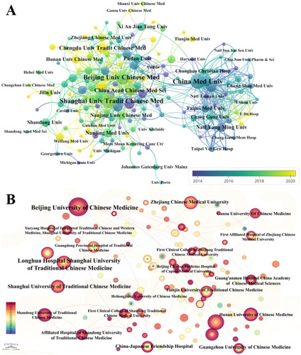Figure 5. Institutional collaboration network map.A: English publications. B: Chinese publications.