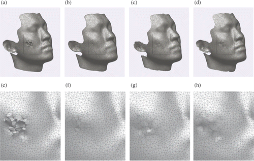 Figure 5. Example of denoising a complex point set: (a) the original 3D mesh model of a human face, (b) 3D mesh model after smoothing using λ/μ, (c) 3D mesh model after smoothing using LOP and (d) 3D mesh model after denoising using our method. (e), (f), (g) and (h) are the local magnified regions of (a), (b), (c) and (d), respectively.